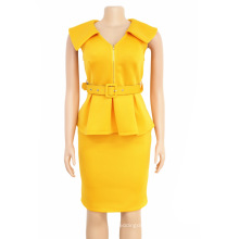 Elegant Plus Size Yellow With Belt Office Formal Career Dresses For Women